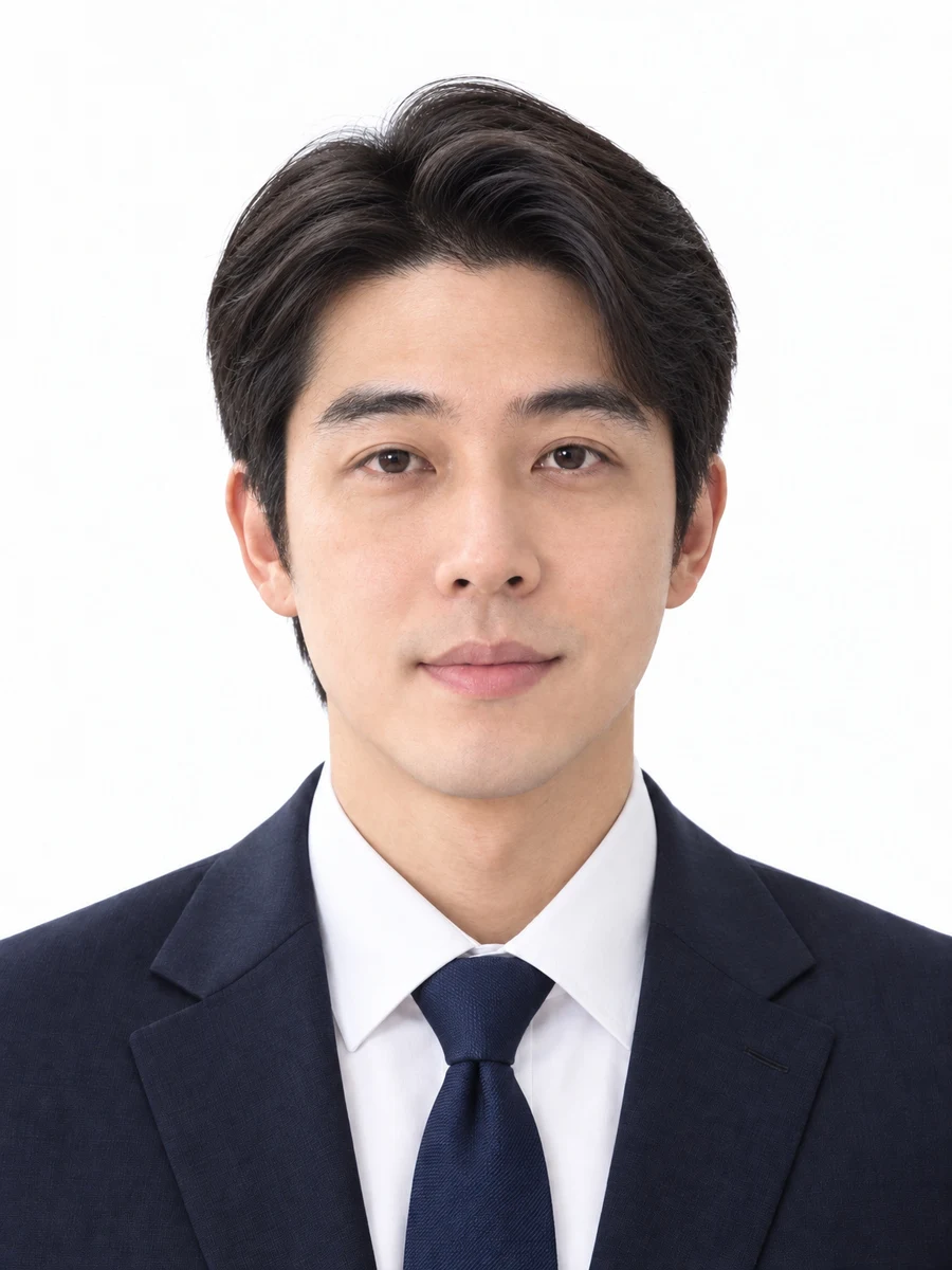 AFTER: 흰 배경과 네이비 정장, 단정한 가르마로 제작한 이력서 사진